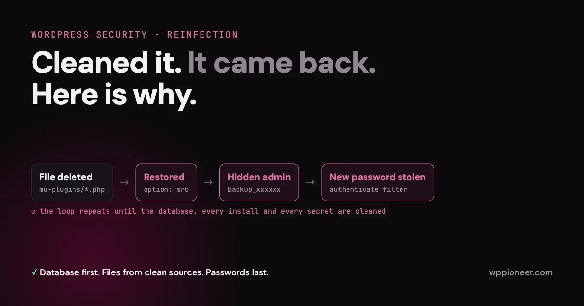 Diagram of a WordPress reinfection loop: a deleted mu-plugin file is restored from the src database option, a hidden backup_ admin account survives, and new passwords are stolen through the authenticate filter