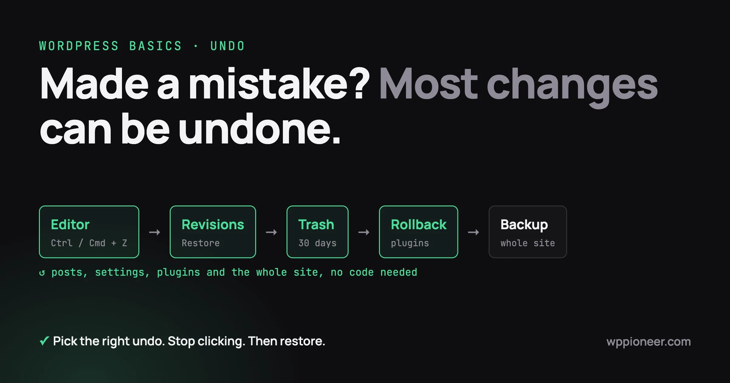 How to undo changes in WordPress: editor undo, revisions, trash, plugin rollback and restoring a backup